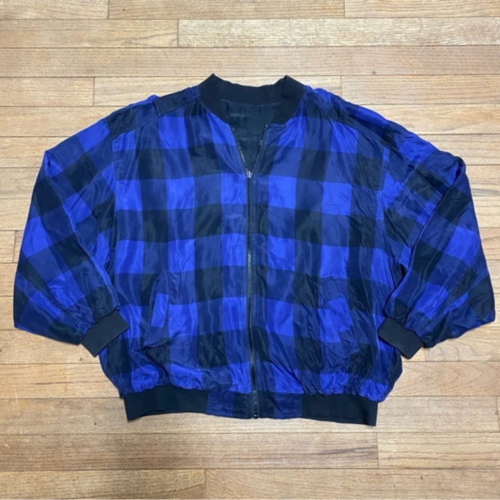 Blue and Black Plaid Bomber Jacket